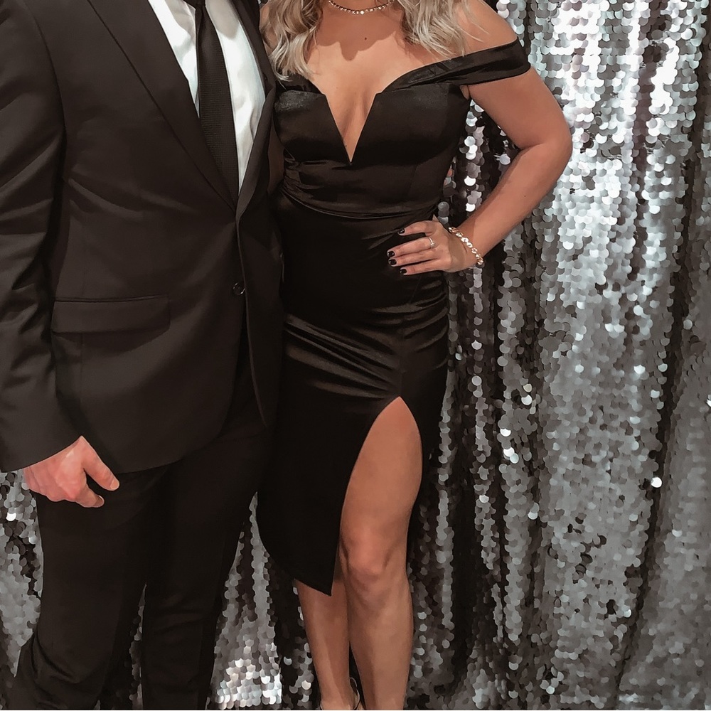 Black satin off the shoulder dress